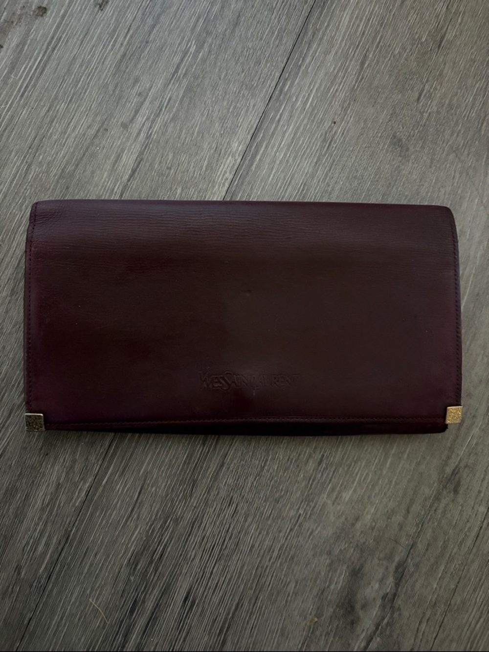 Yves Saint Laurent Deep Burgundy Leather Foldover Clutch with Gold Corners